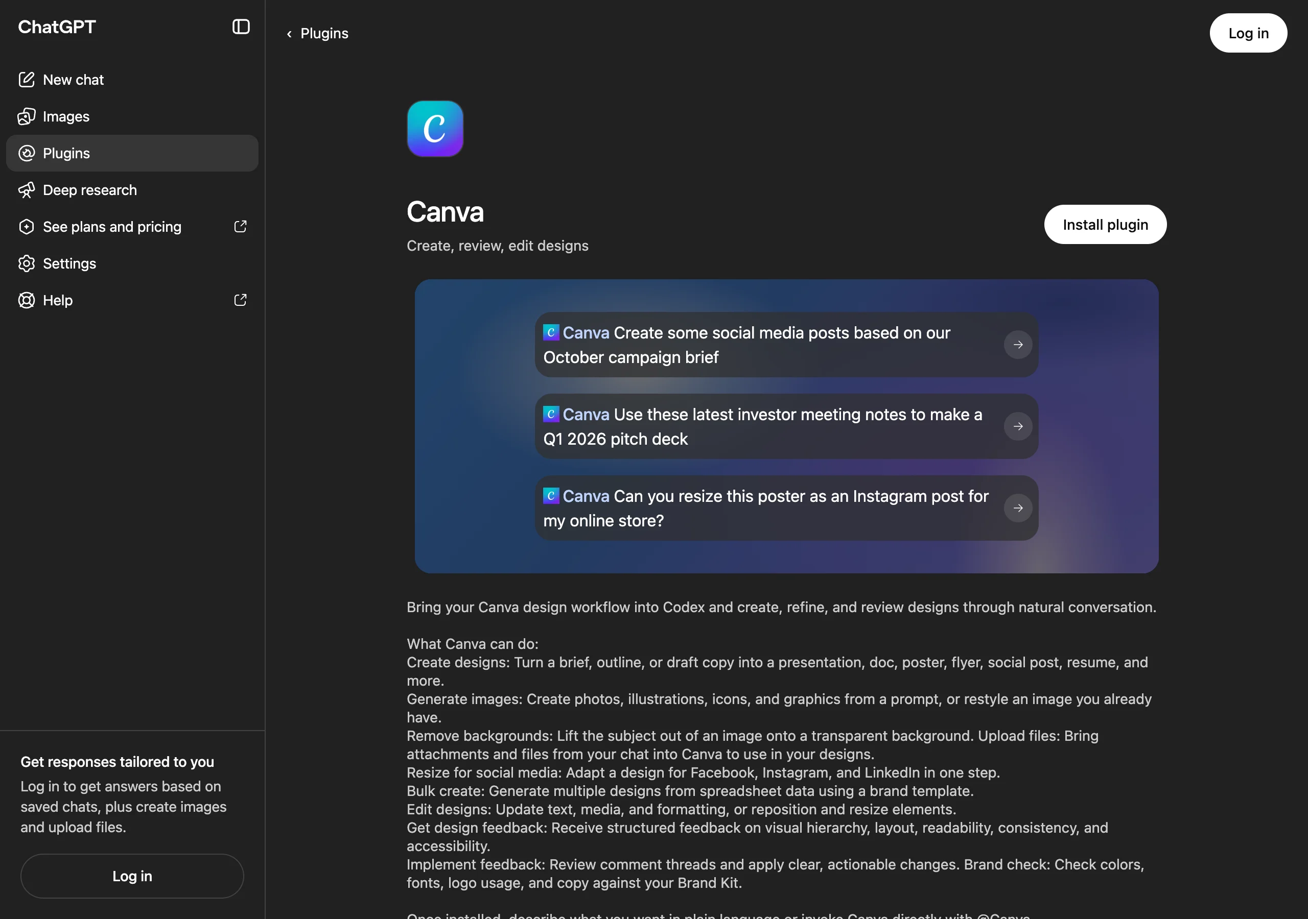 Canva's ChatGPT plugin listing showing examples for social assets and resizing.