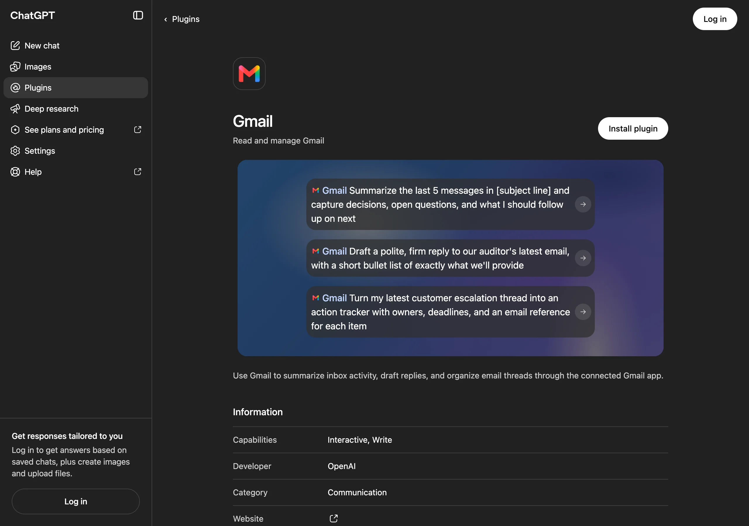 Gmail's ChatGPT plugin listing with thread summaries, reply drafts and follow-up examples.