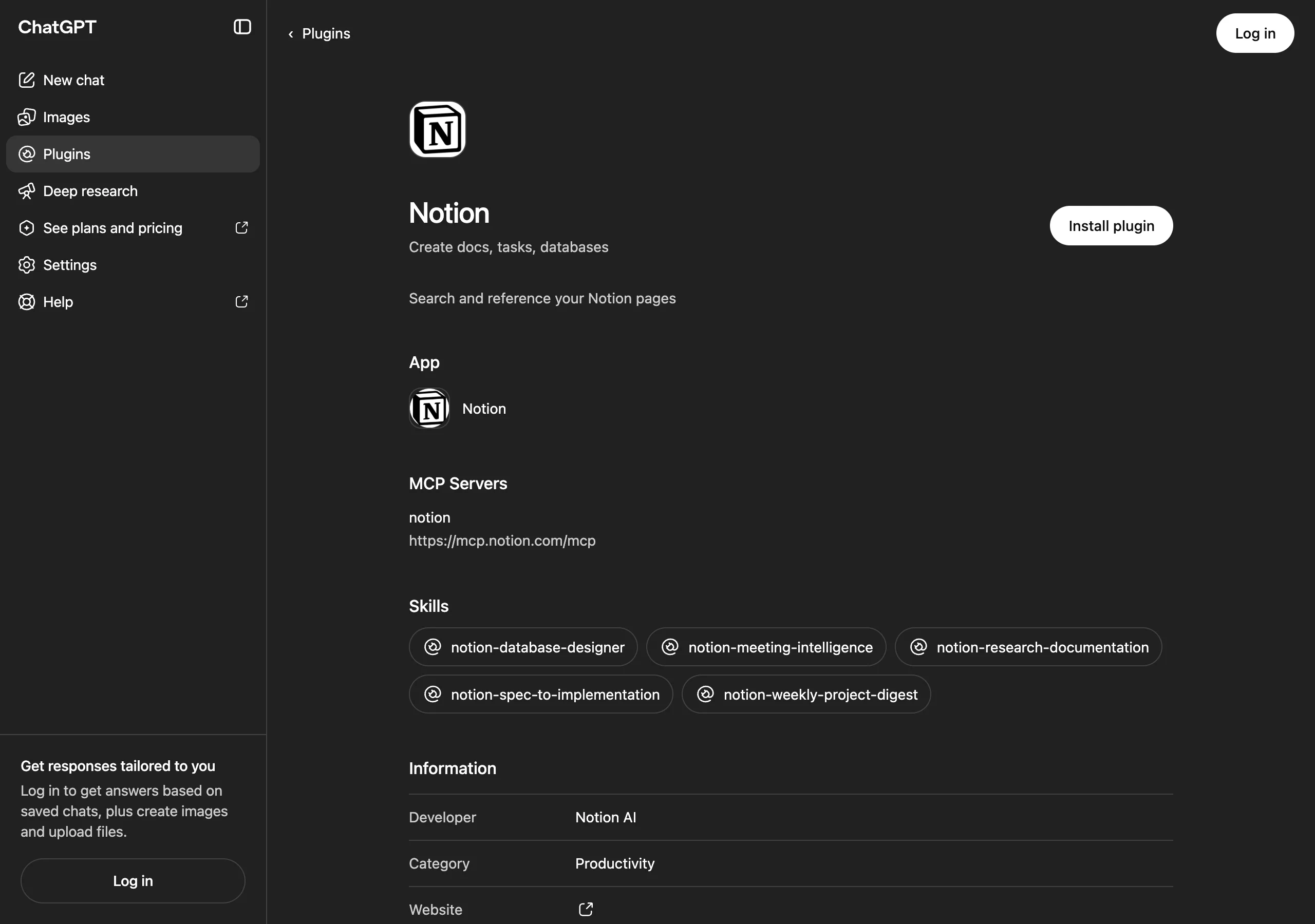 Notion's ChatGPT plugin listing with research, documentation and project skills.