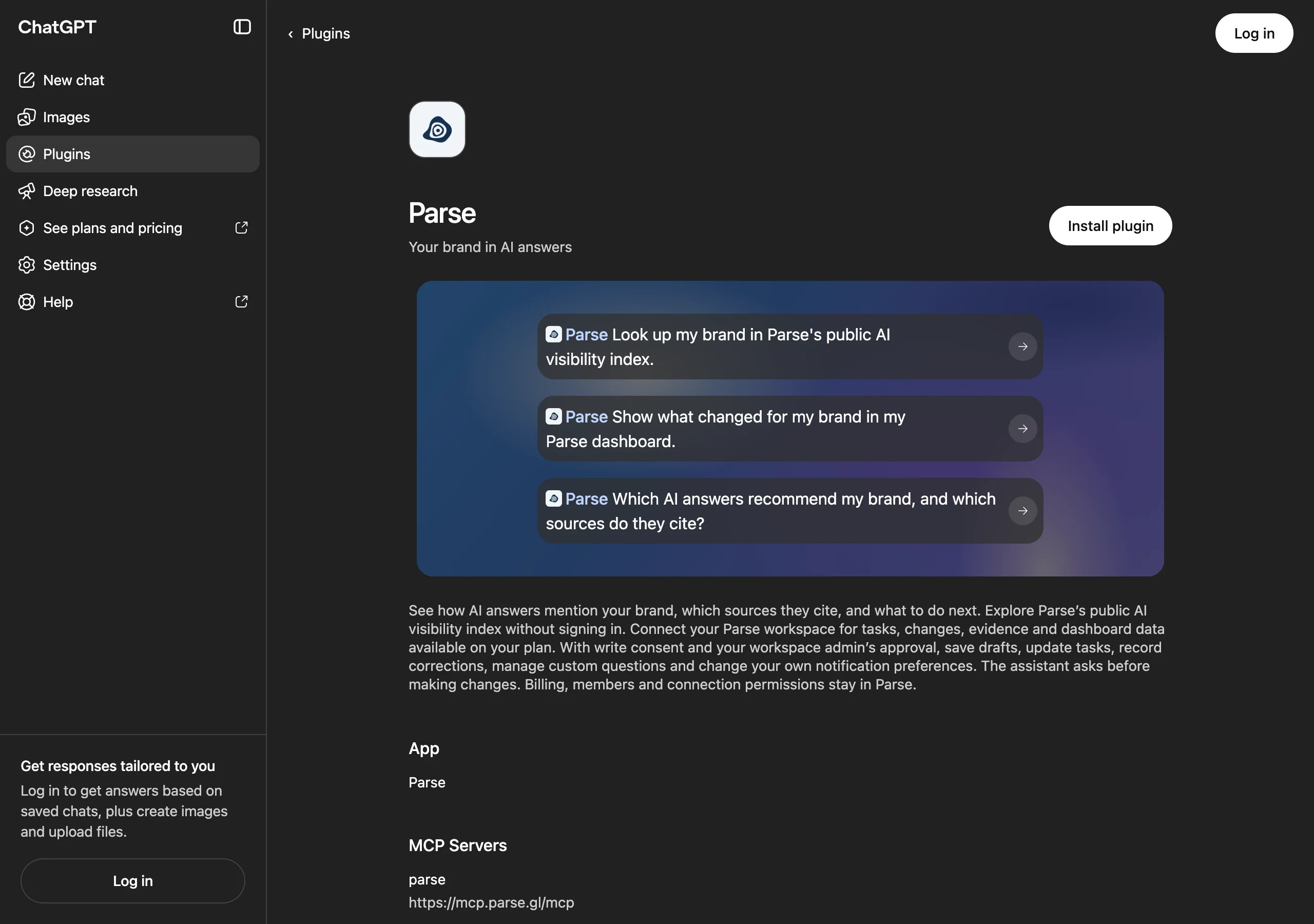 Parse's public ChatGPT listing, showing brand lookup and source-inspection examples.